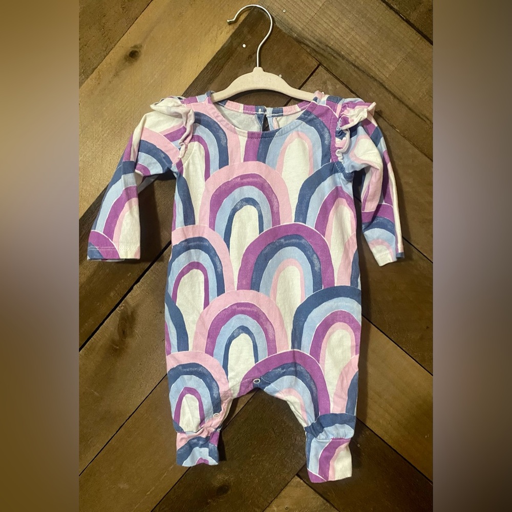 TEA COLLECTION: Distressed Washed Style BABY RAINBOW  RUFFLED SHOULDER ROMPER